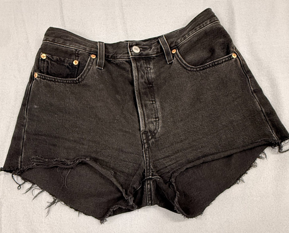 Levi's 501 Cut Off Shorts Womens 30 Black Denim WaterLess Raw Hem Grunge Festive